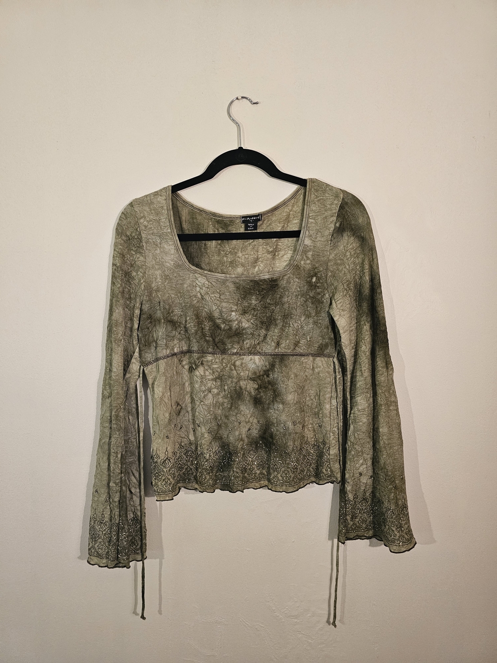 FANG Olive Tie-Dye Square Neck Long Sleeve Blouse